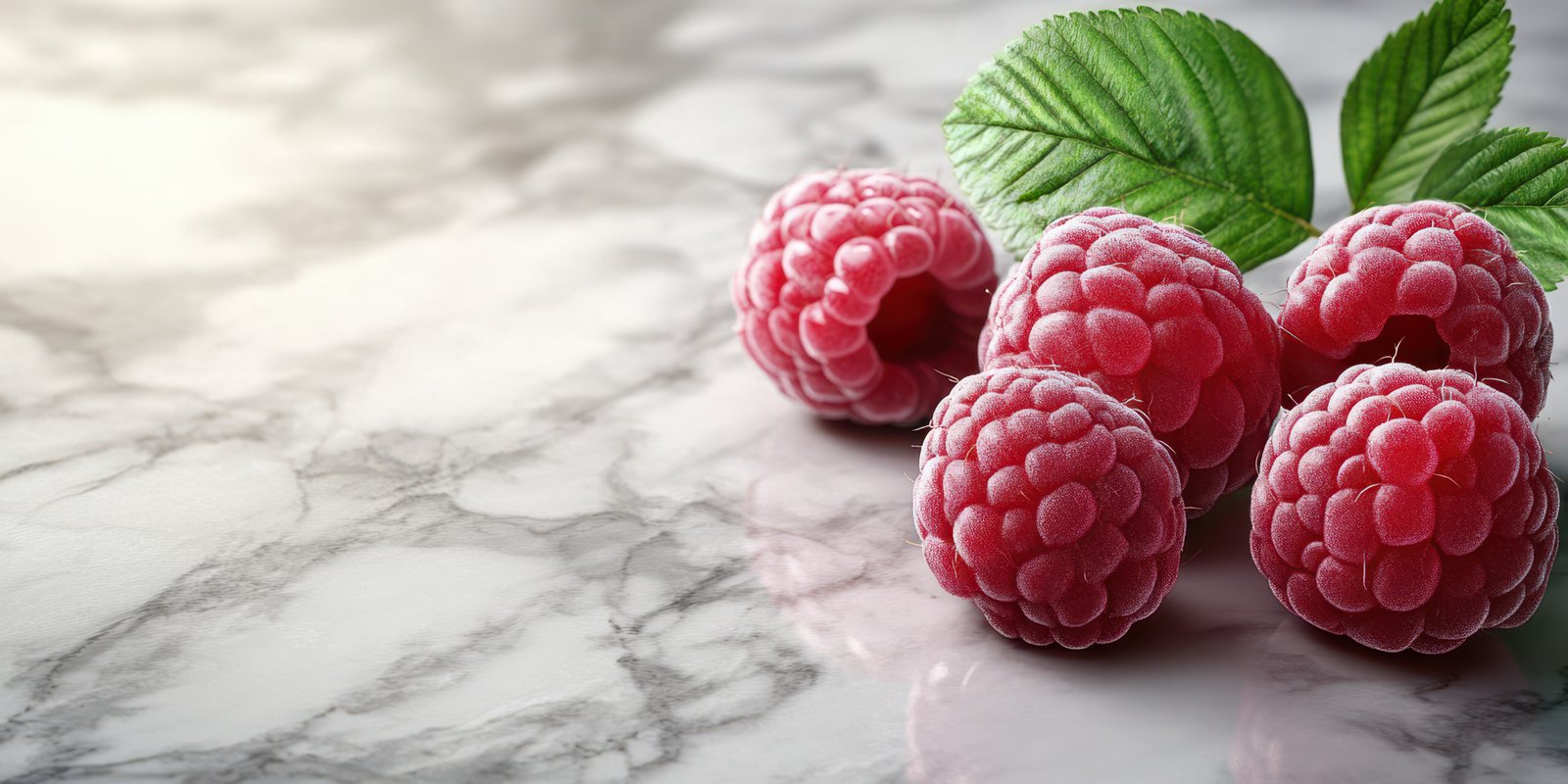 Fresh raspberries with green leaves on a marble countertop create an appealing and vibrant kitchen setting